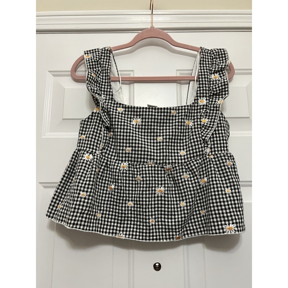 Kirious Crop Top Womens Large Black White‎ Gingham Daisy Flowers Babydoll Beach